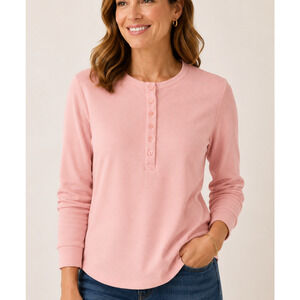 Lands End Pink Thermal Top Medium Waffle Knit Henley Long Sleeve Womens